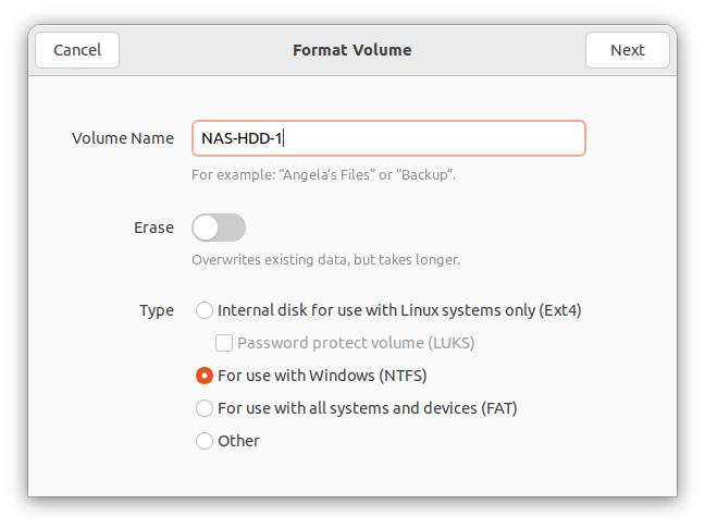 Assigning filesystem NTFS