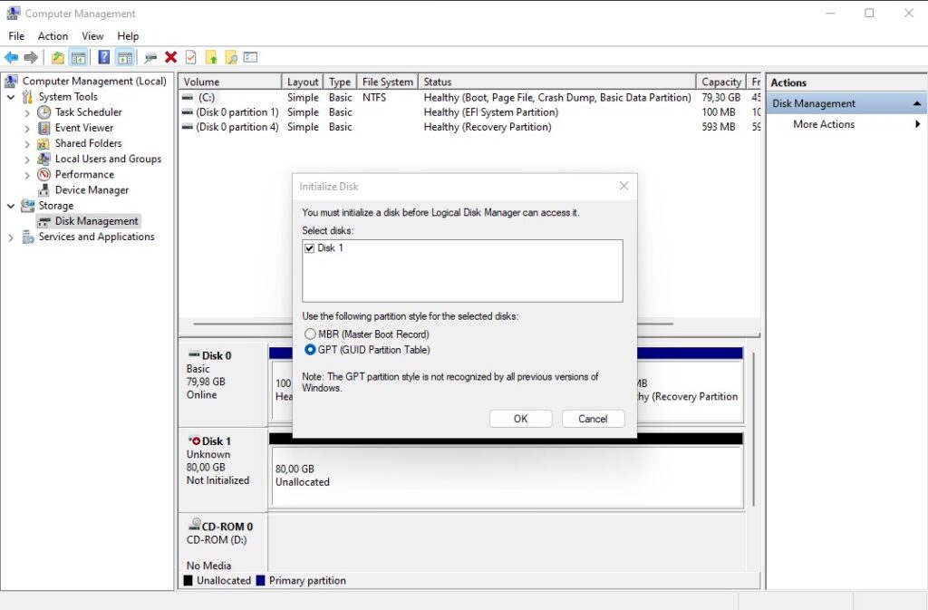 Windows Disk management new disk detected