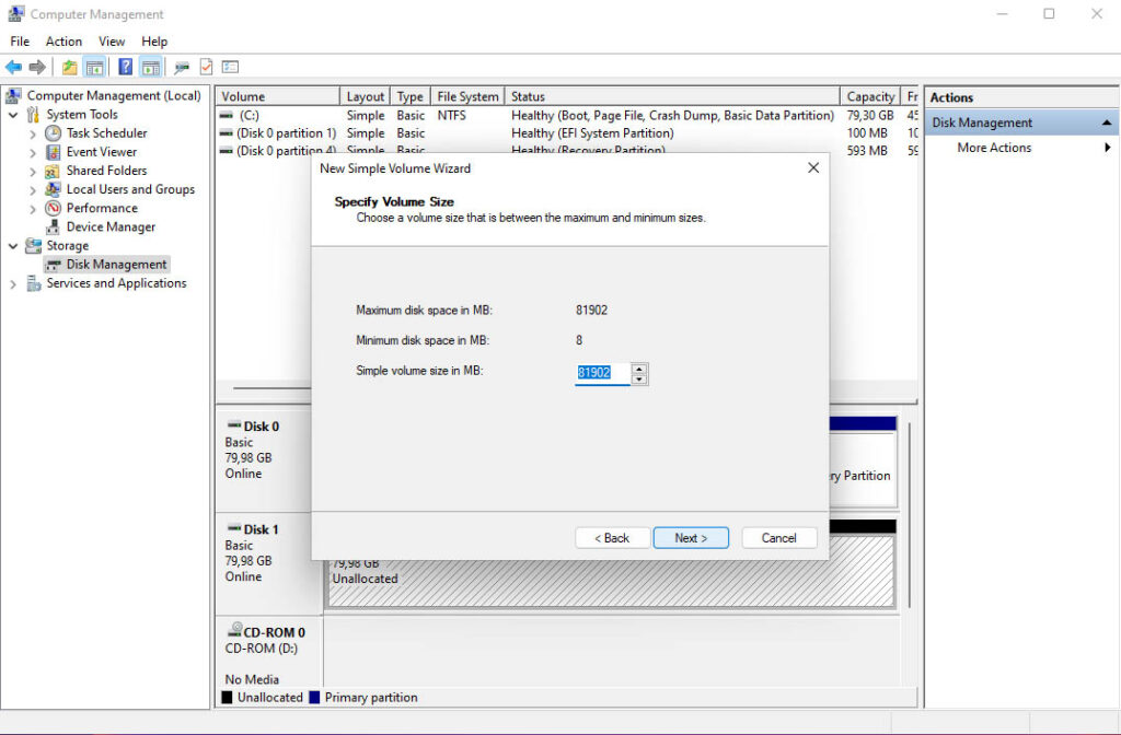 Windows Disk Management Set disk size