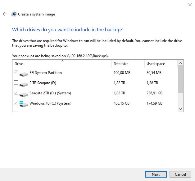 System Image backup destination