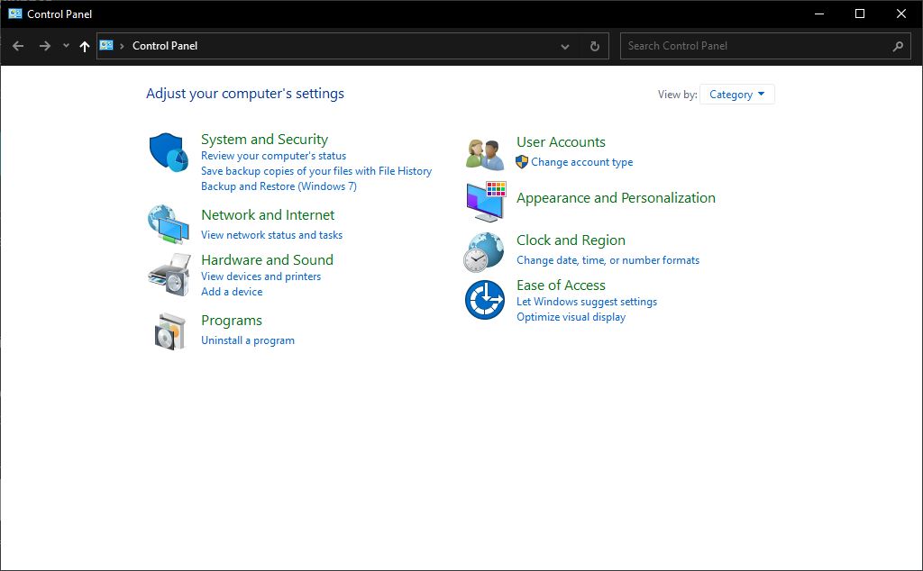 Windows 10 Control Panel