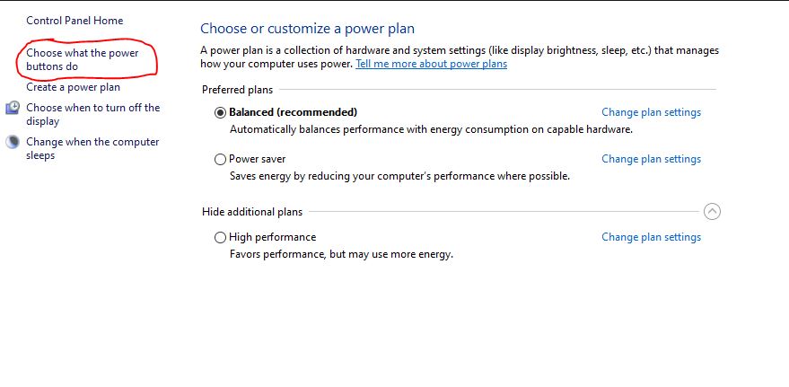 Windows 10 Power Settings