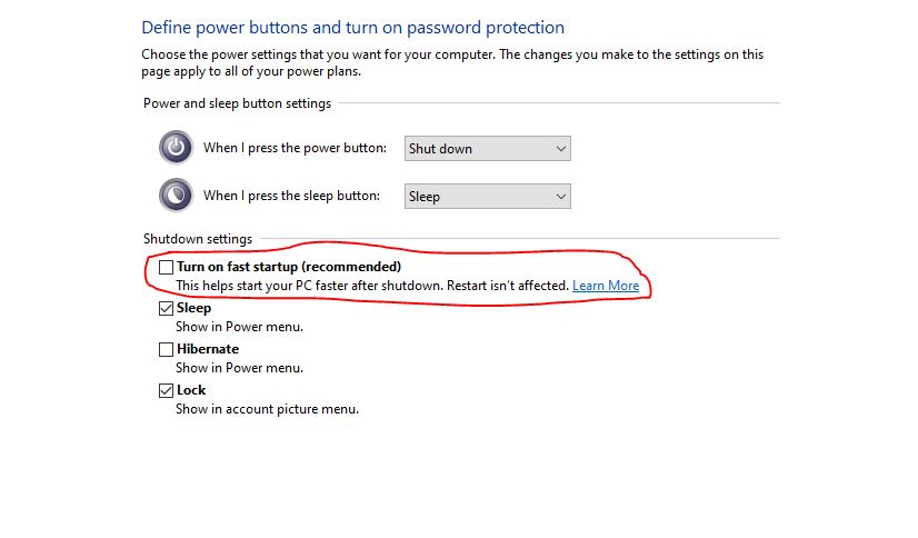 Disable Windows Fast Start for NTFS